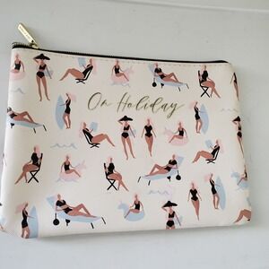 Ruby + Cash On Holiday Beach Print Makeup Bag Pouch Cream Gold Zipper